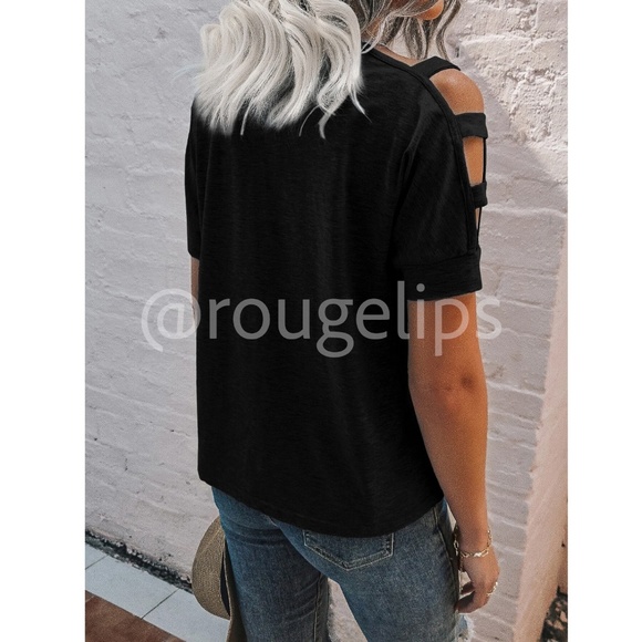 Black Casual Tee Shirt Cold Shoulder, Straps Short Sleeve Regular Fit - Picture 3 of 8